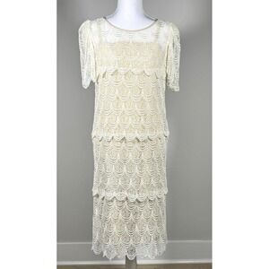 Vintage Ivory Champagne Scalloped Lace Lined Dress Size 8 S/M Flapper Bridal‎